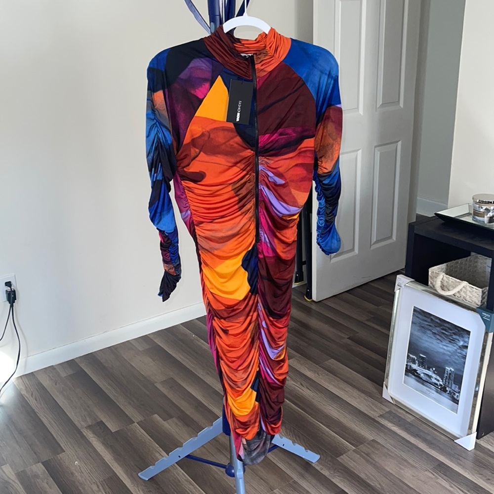 Multicolor blue orange pink ruffled very stretchy dress